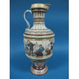 A Large Mettlach Pottery Pedestal Ewer, with a central band of sgraffito style decoration of figures