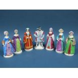 A Set of Seven XX Century Sitzendorf Porcelain Figures Modelled as Henry VIII and His Six Wives,