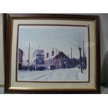 After Peter Owen Jones - Snowy Tram Scene with Midland Bank in background, graphite signed limited