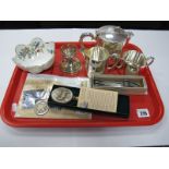 A Plated Three Piece Tea Set, cake forks, Canadian letter opener, Golden Wedding Anniversary 1997 £5