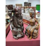 Oriental Hardwood Figure, of a happy squatting Buddha 30 cms high, another probably Siamese of