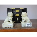 Pair of Soapstone Temple Lions, 11.5cms tall.; Chinese brass mounted jewel cabinet.