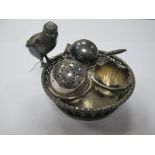 Mappin & Webb Princess Plate Egg Cruet Set, with 3 apertures in basket surmounted by chick.