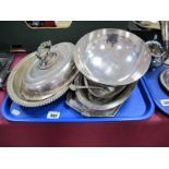 Two Oval Plated Tureens. circular bowl having bark textured base, continental silver spoon, Art Deco