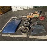 A Good Quantity of MGB Spare Parts, including three wire wheels, bonnet, chrome luggage rack, prop