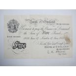 A Late Issue June 14th 1956 Bank of England 'White Fiver', L.K.O Brien Cashier # D15A 083260. Has
