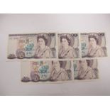 Five Consecutive Bank of England Twenty Pound Banknotes, John Brangwyn Page Chief Cashier, numbers