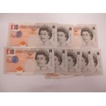 Eight High Grade Bank of England Ten Pounds Banknotes, Marlyn Lowther Chief Cashier. A consecutive