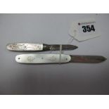 A Hallmarked Silver and Mother of Pearl Folding Fruit Knife, the decorative scales with inset