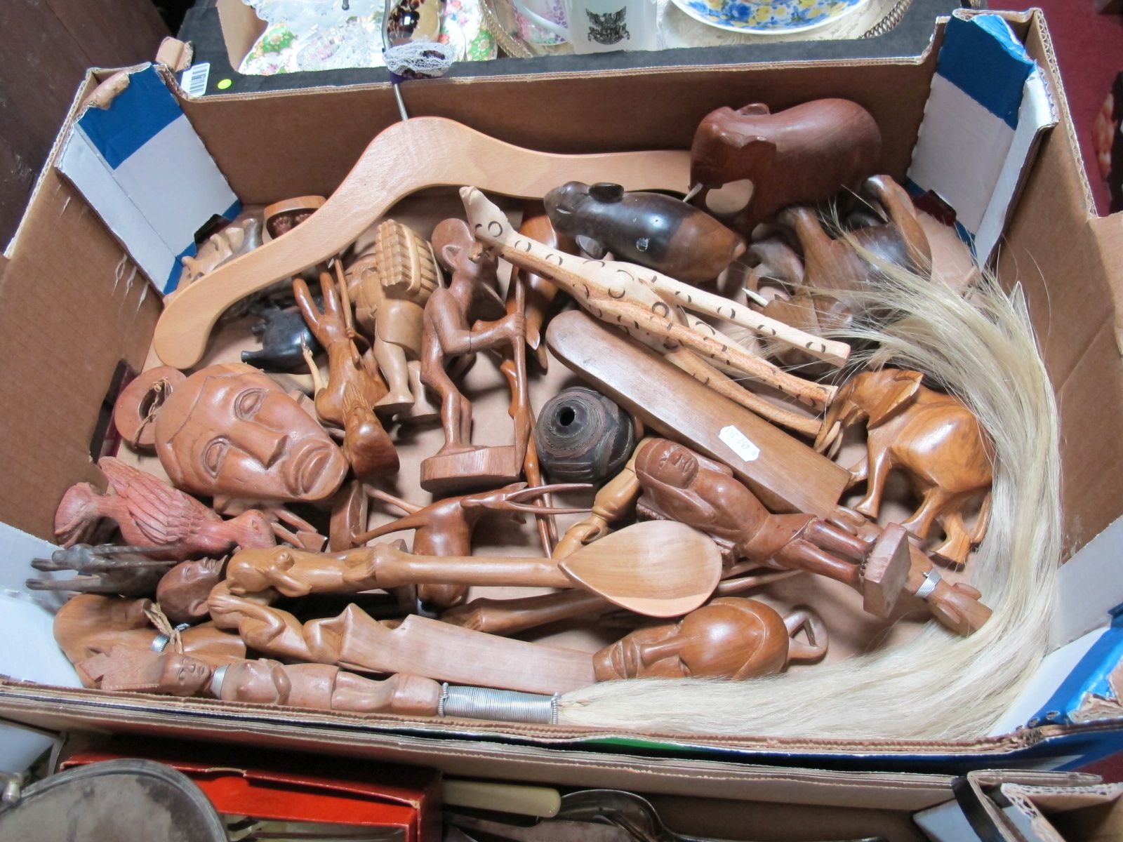 African Fly Whisk, carved hardwood elephants, figures, wirework inlaid nut shell etc:- One Box