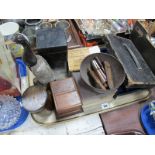 Two Small Terrestrial Globes, Seaforth bareute bowl, byson stair clips, oak cigarette box etc:-