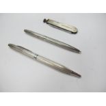 A Hallmarked Silver Engine Turned Pen, together with similar pencil and a smokers knife with