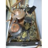 XIX Century Sheldon & Co No.1 Iron Kettles, a copper example, Martin Dales, brasses:- One Box