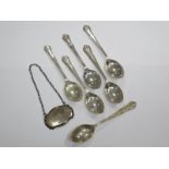 Hallmarked Silver Teaspoons, together with a decanter label.