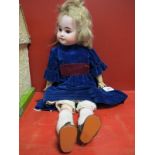 Armand Marseille Porcelain Headed Doll, sleepy eyes, open mouth with teeth. Fully jointed, some