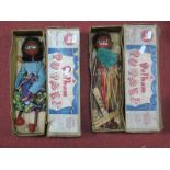 Two Pelham Puppets Type LS, one Gypsy and one African Girl with grass skirt both in original boxes.