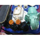 Omiya 10x50 Binoculars, sylvac type green charging elephant, sampler teapot, plates:- One Tray