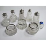 Decorative Glass Salts and pepperettes, including "MEKA Sterling Denmark", with blue enamel top. (
