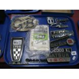 Car Badges, Datsun 120Y, 'Simca', 'Triumph', 'Mini', 'Avenger', 'Maxi 1750', etc:- One Tray