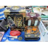 Chinese Jewellery Cases, with inlaid detail and applied brass decoration and handles etc:- One Tray