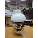 Lampe Ariel 20 Brass Oil Lamp, with glass funnel white glass shade, brass well on a brass stand.