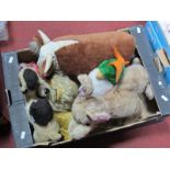 Six Merrythought Plush Modern Toys, all with labels including a Lion, Bull, Parrot and others.