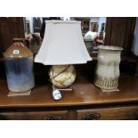 Art Deco Pottery Table Lamp, Jersey pottery vase, unstamped stoneware flagon. (3)