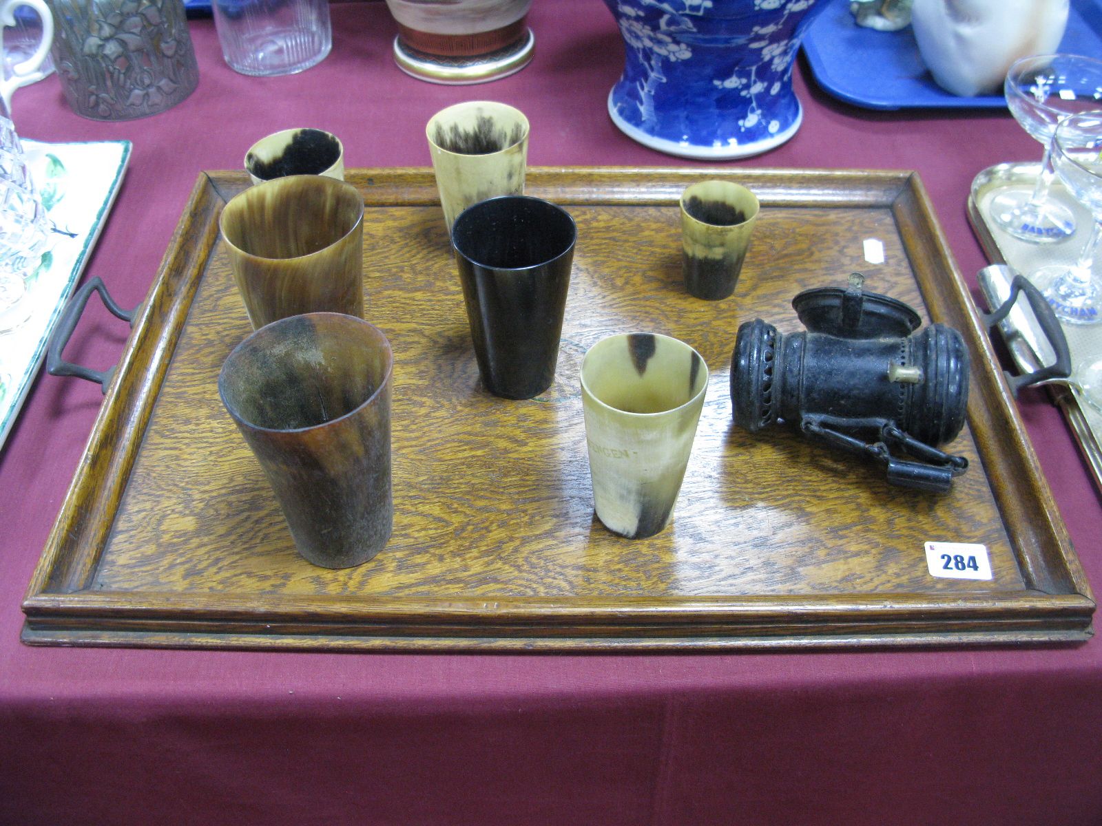 Oak Tray, seven horn beakers, colonel lamp.