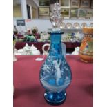 A Late XIX Century Mary Gregory Style Turquoise Glass Decanter, of baluster form with clear glass.