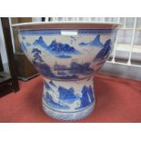 Large Chinese Blue and White Pottery Bowl, profusely decorated with landscape and foliate border, 73