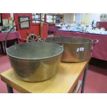 XIX Century Oval Copper Two Handled Pan, a brass jam pan having iron loop handle.