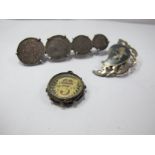 A Victorian Maundy Money Four Coin Brooch, together with an enamelled 1887 threepence piece, etc.