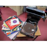 HMV Portable Gramophone, in black leatherette covering, and winder and quantity of records.