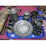 XIX Century Pewter Lidded Tankard, three plates bearing touchmarks, measures, funnel etc:- One Tray