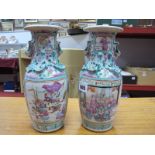 A Pair of Early XX Century Chinese Canton Style Vases, decorated with front and back panels of