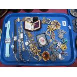 Assorted Costume Brooches, ladies wristwatches etc:- One Tray