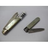 Hallmarked Silver and Mother of Pearl Folding Fruit Knife, together with another smaller. (2)