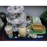 Old Foley 3 Tier Cake Stand, Burleigh ware cheese dish, Burleigh figure of Churchill etc:- One Tray