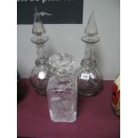 Pair of XIX Century Bulbous Glass Decanters (one chipped), Stuart Whisky decanter (named). (3)