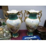 A Pair of Victorian Twin Handled Vases, of ovoid form, incurved necks, gilt and scrolled applied