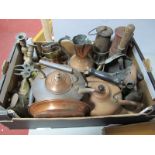 XIX Century Brass Trivet, flat irons, miners lamps, copper kettles etc:- One Box