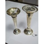 A Hallmarked Silver Trumpet Shape Bud Vase, (base weighted), together with another smaller. (2)
