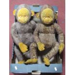 Two 1930 Merrythought Monkeys, pressed velvet faces with painted features. Velvet hands and feet