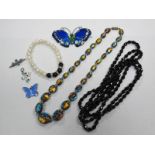 John Atkins & Sons Enamel Butterfly Brooch, enamel dove pendant, fresh water pearl bracelet, foil