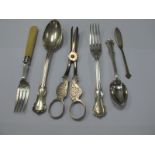 Matching Hallmarked Silver Spoon, fork and teaspoon, together with a pair of grape scissors and a