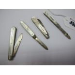 Three Hallmarked Silver and Mother of Pearl Folding Fruit Knives, together with another having