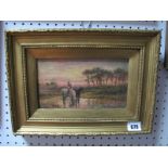 W.Duncan?, Horses Watering at Sunset, 11 x 20 cms, signed lower right.