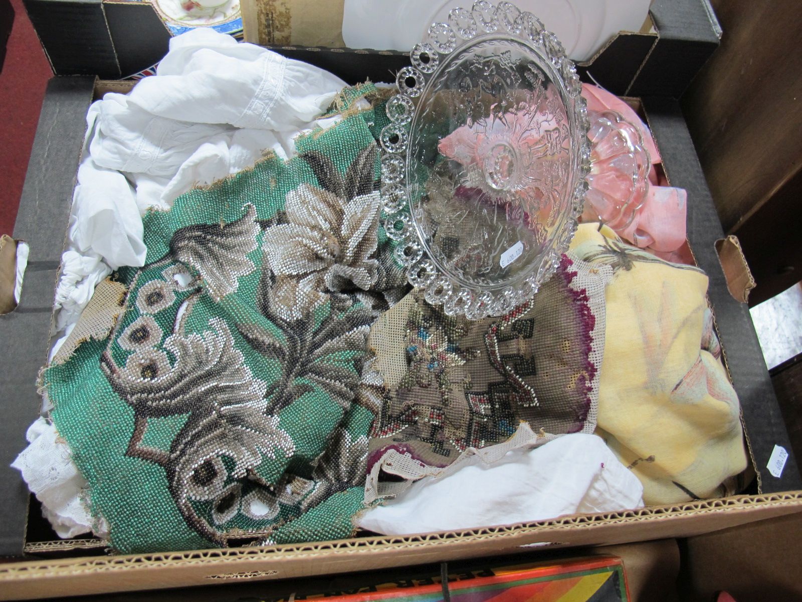 XIX Century Bead Work Panel, (damages), vintage petticoats pedestal glass comport etc:- One Box