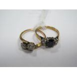 A Two Stone Ring, of crossover design claw set; together with a 9ct gold three stone ring. (2)
