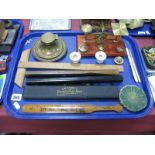 Paper of Bavaria Slide Rule, paper knife, brass inkwell, letter scales, bone pens etc:- One Tray